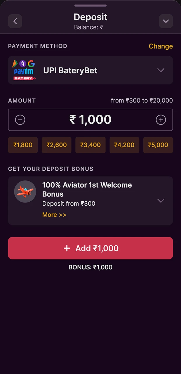 Use the method that is most convenient for you to top up your account at Batery Casino.